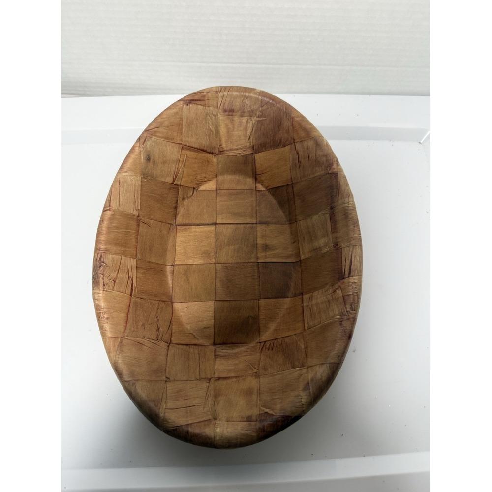 Vintage 1970s Bamboo Serving Bowl Parquet Woven Wood Oval 12x9x2" Bread Basket